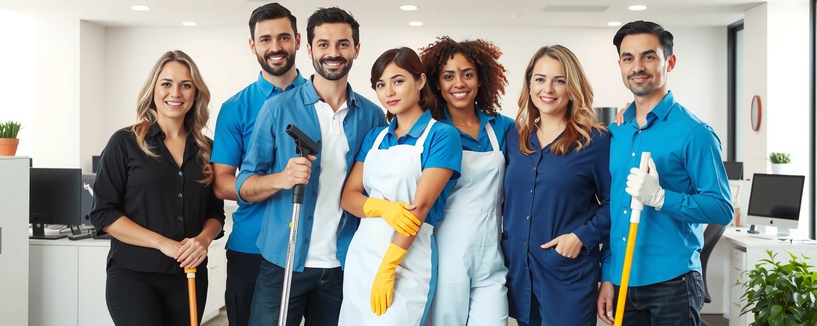 Professional cleaning team in uniform working together