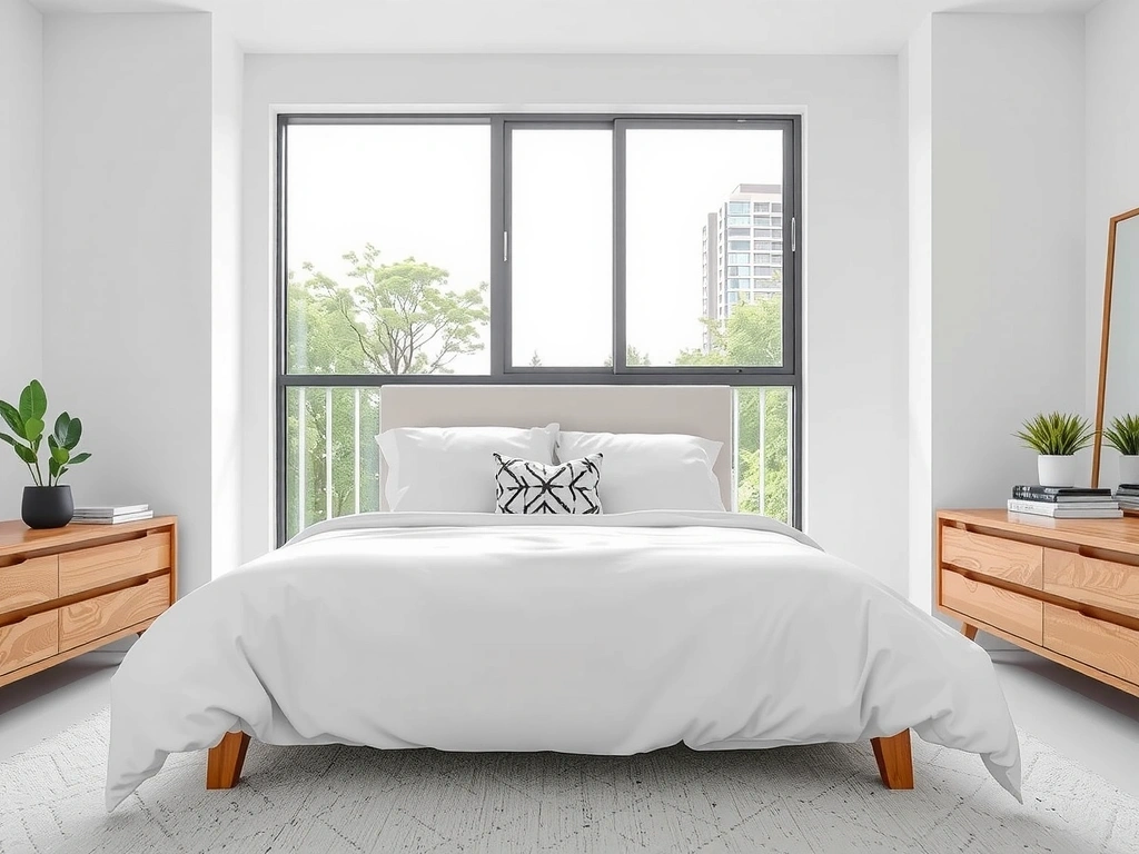 Clean minimalist bedroom with white bedding, natural light, and organized furniture