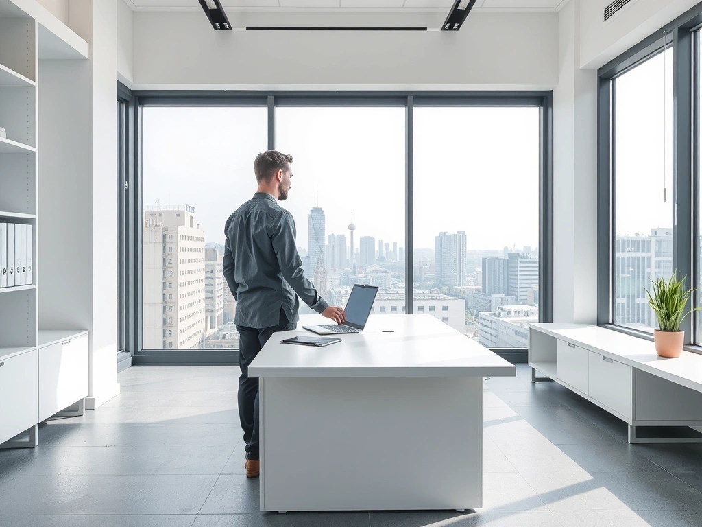 Modern empty office space with clean desk, natural sunlight through large windows, minimalist professional environment